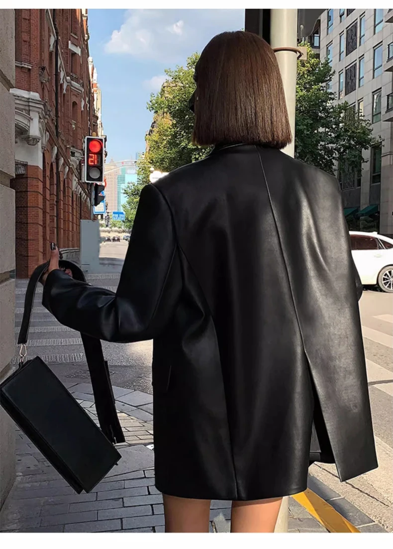 Lautaro Autumn Black Brown Soft  Pu Leather Blazer Women Shoulder Pads Long Sleeve Single Breasted Loose Casual Korean Fashion