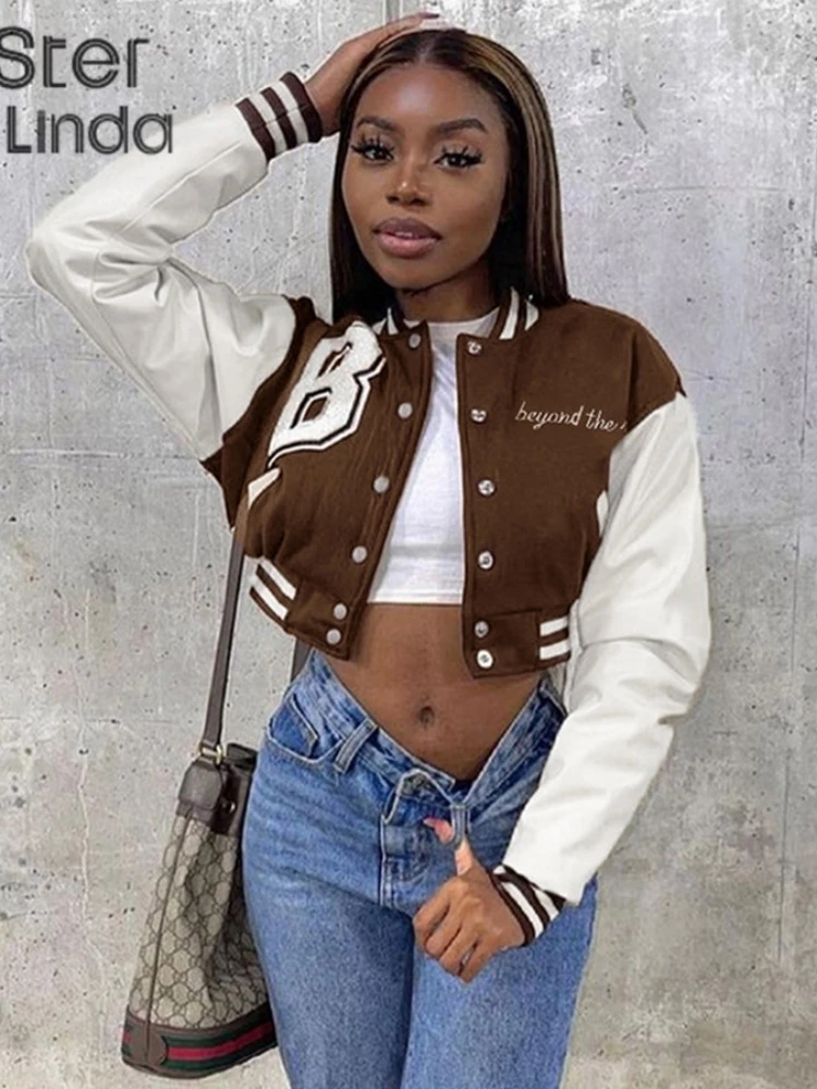 Sisterlinda Autumn Patchwork Letter Print Short Jacket Women Casual High Street Baseball Coat Female Sporty Y2K Sweatshirts 2021