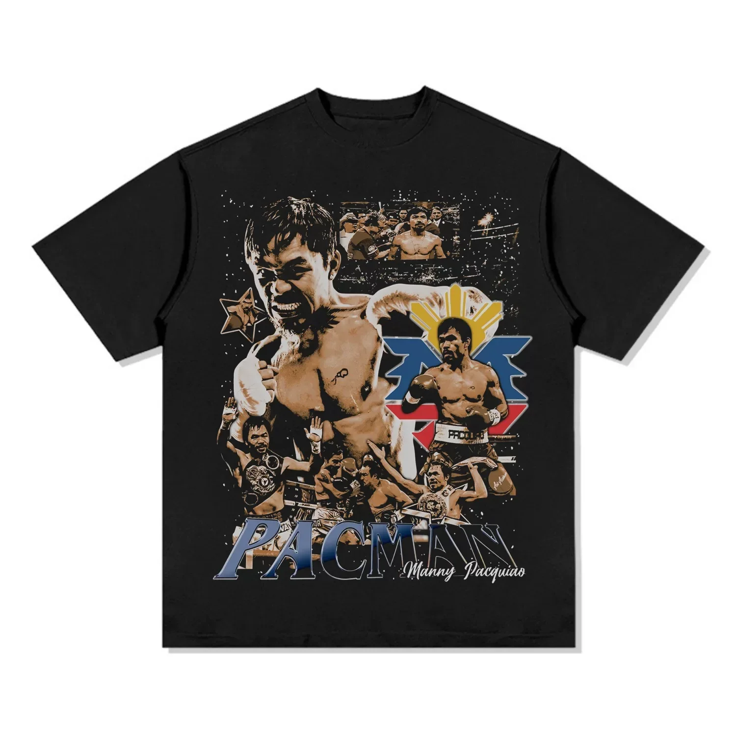 Retro Boxing Collage Print Graphic T Shirt Men Women Short Sleeve Crew Neck Loose Casual Streetwear Polyester Top