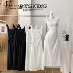 2024 Fashion Pleated A-Line Long Dress Women Spring Summer Short French Square collar Elegant Checkered High Waist Chic Dress