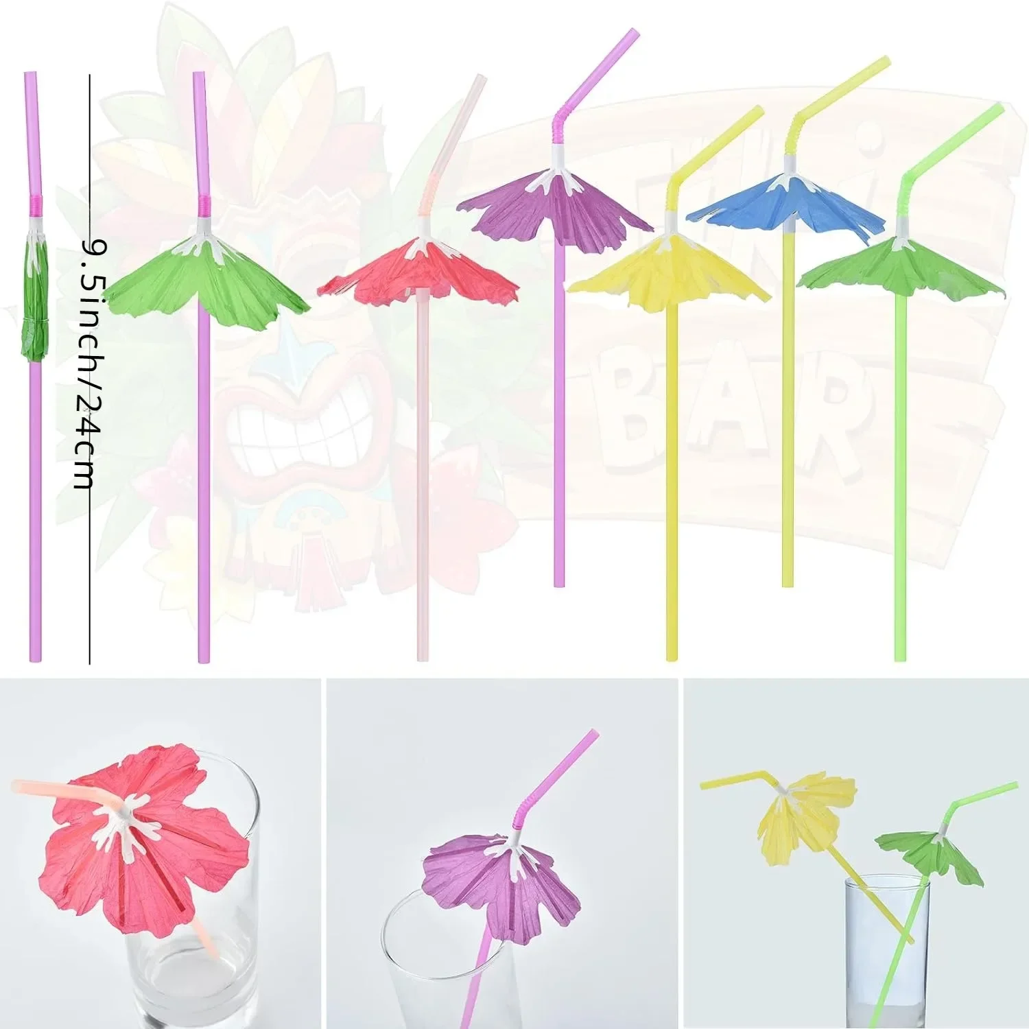 

50pcs Umbrella Straws Cocktail Drink Umbrellas Fancy Flower Bar Straws, Tropical Summber Beach Luau Tiki Hawaiian Party Straws