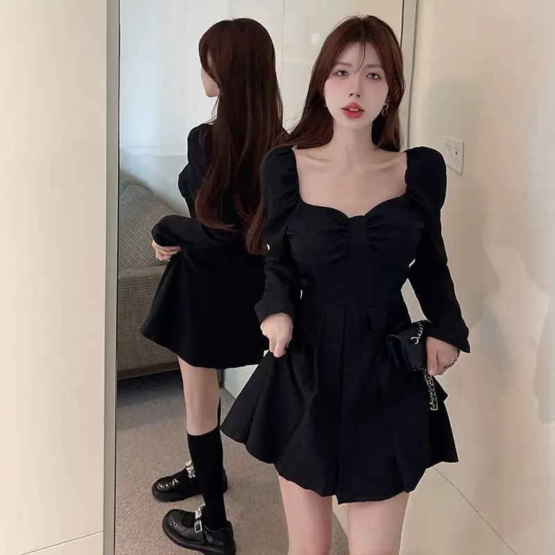 Long Sleeve Mini Dresses for Women 2023 Party Solid Sexy High Waist Ruffles Autumn Vestidos mujer Korean Fashion  Cute Retro