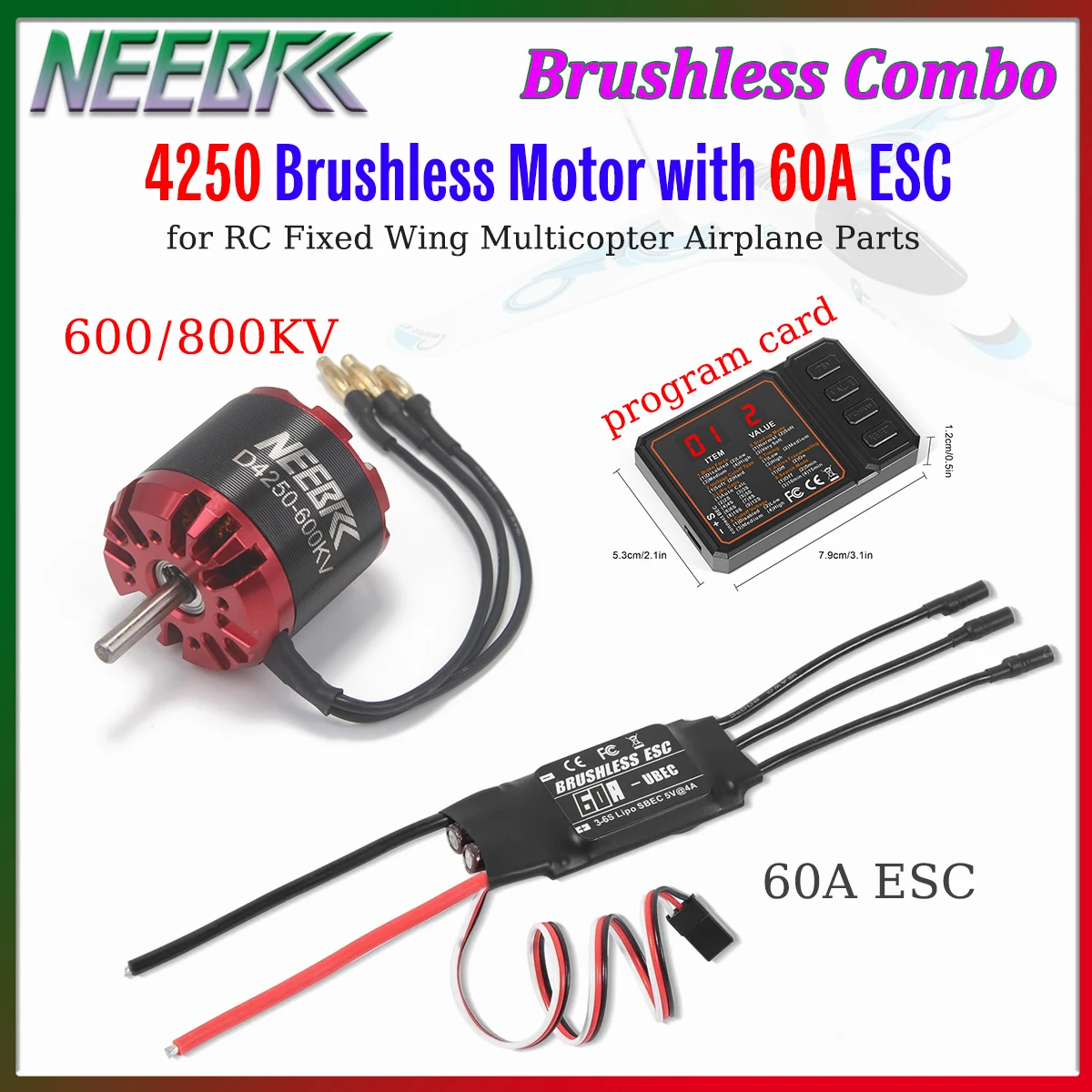 

NEEBRC 4250 600KV 800KV Outrunner Brushless Motor W/60A ESC Programming Card for RC Fixed Wing Quadcopter Drone Airplane Prats