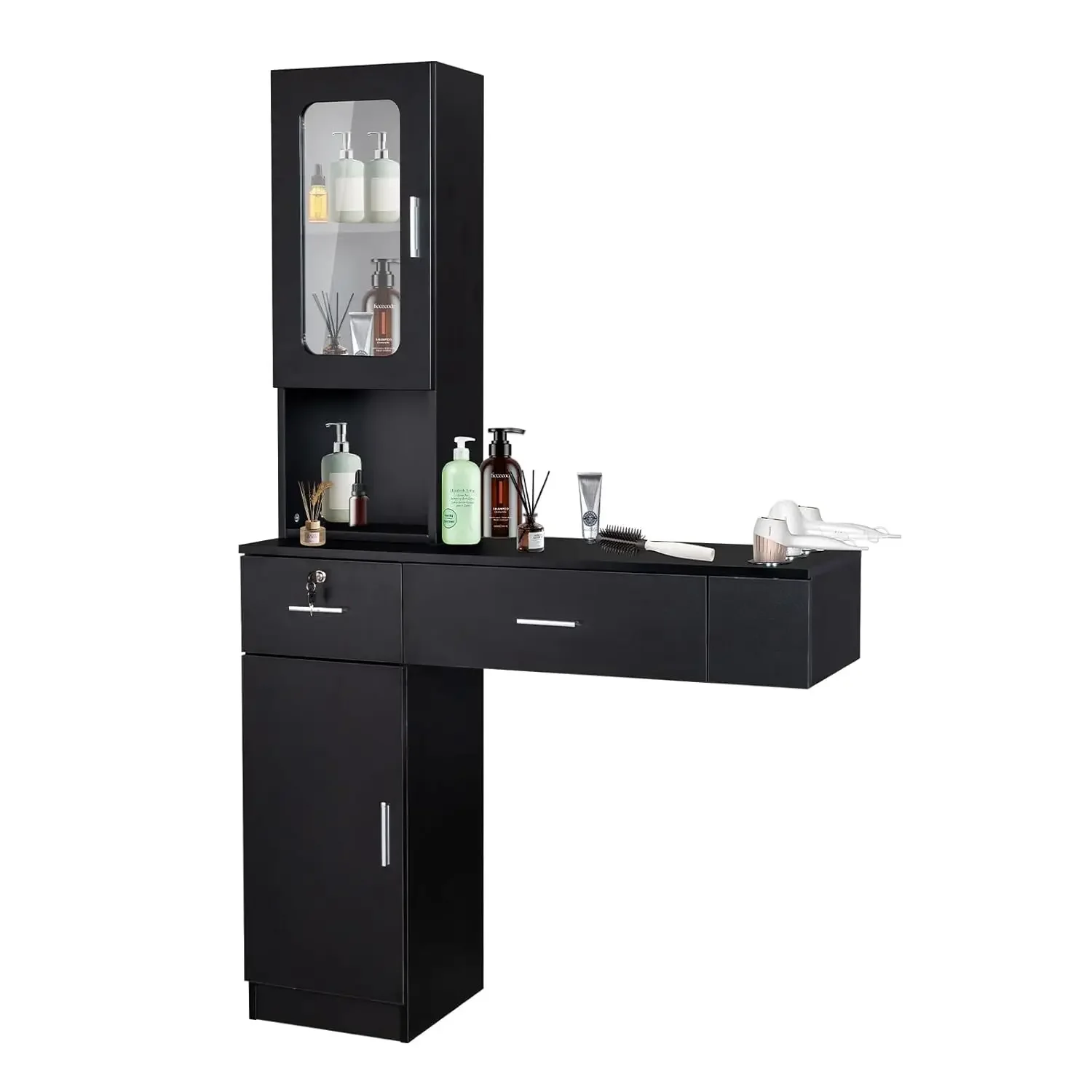 

Wall Mount Barber Salon Stations, Makeup Vanity Desk with a Storage Cabinet, 2 Drawers and a 3 Tier Shelf w/Glass, Customized
