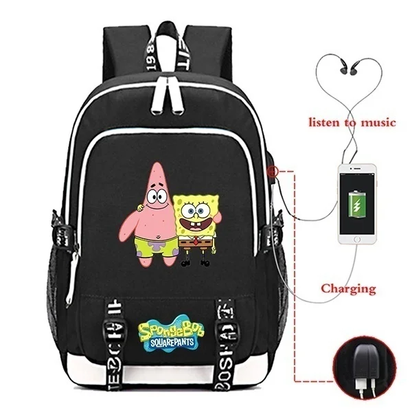 

Anime Canvas Waterproof S-Sponges USB Anti-theft Laptop Backpack Student bob School Backpack Teenagers Book bags