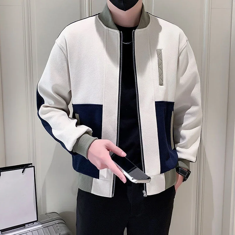 Man Bomber Coat Splicing Contrasting Colors Zip V Baseball Jacket for Men Stylish Cold Korean Reviews Many Original Brands Deals