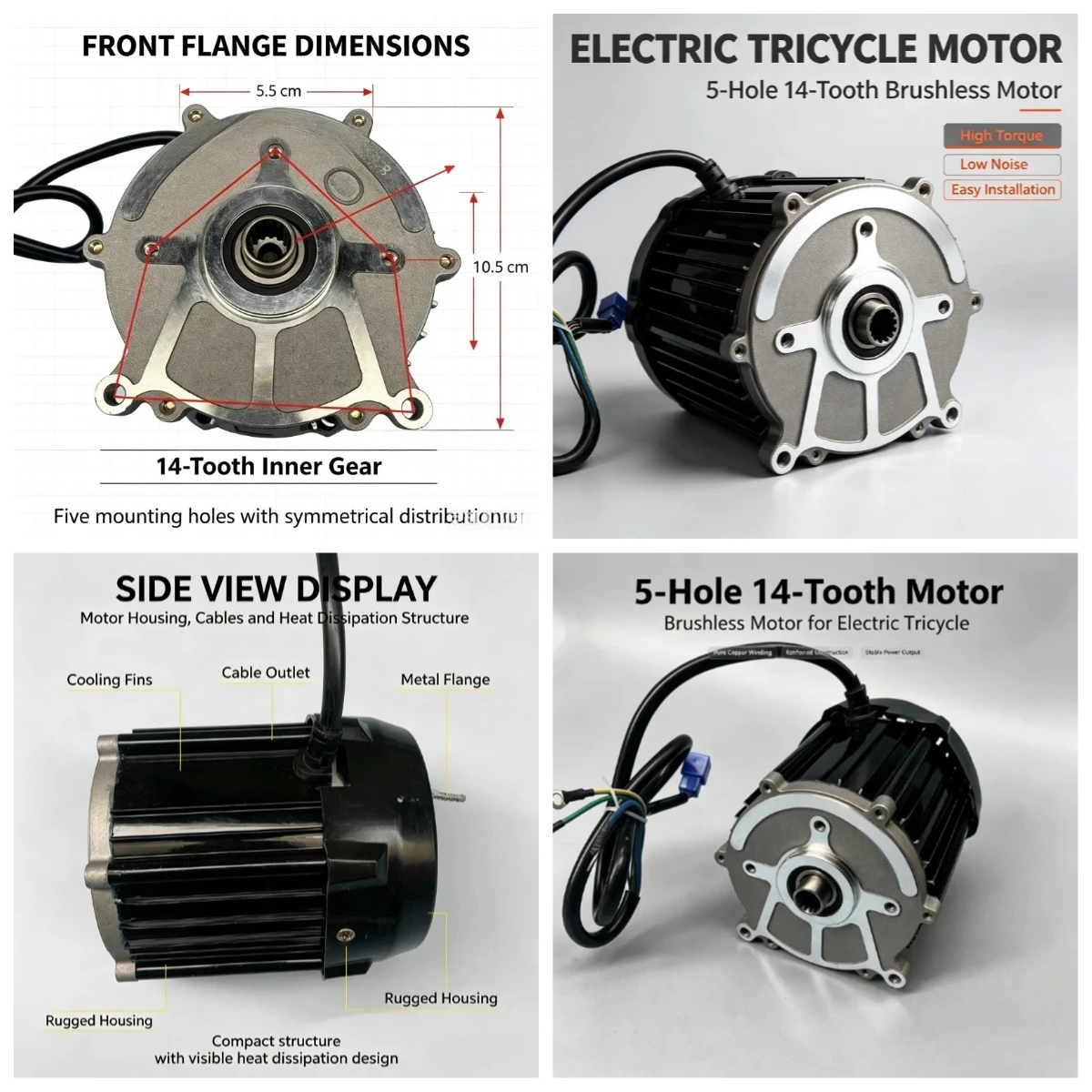 Suitableforbrushless differential motor pure copper electric tricycleErickshaw drive motor 5-hole 14 tooth 48V 60V 500W to 1000W
