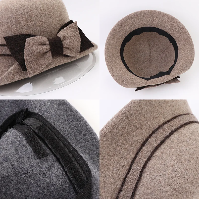 Autumn And Winter Middle-aged And Lady Curly Bow Tie Rope Whole Wool Basin Hat Outdoor Warm Hat