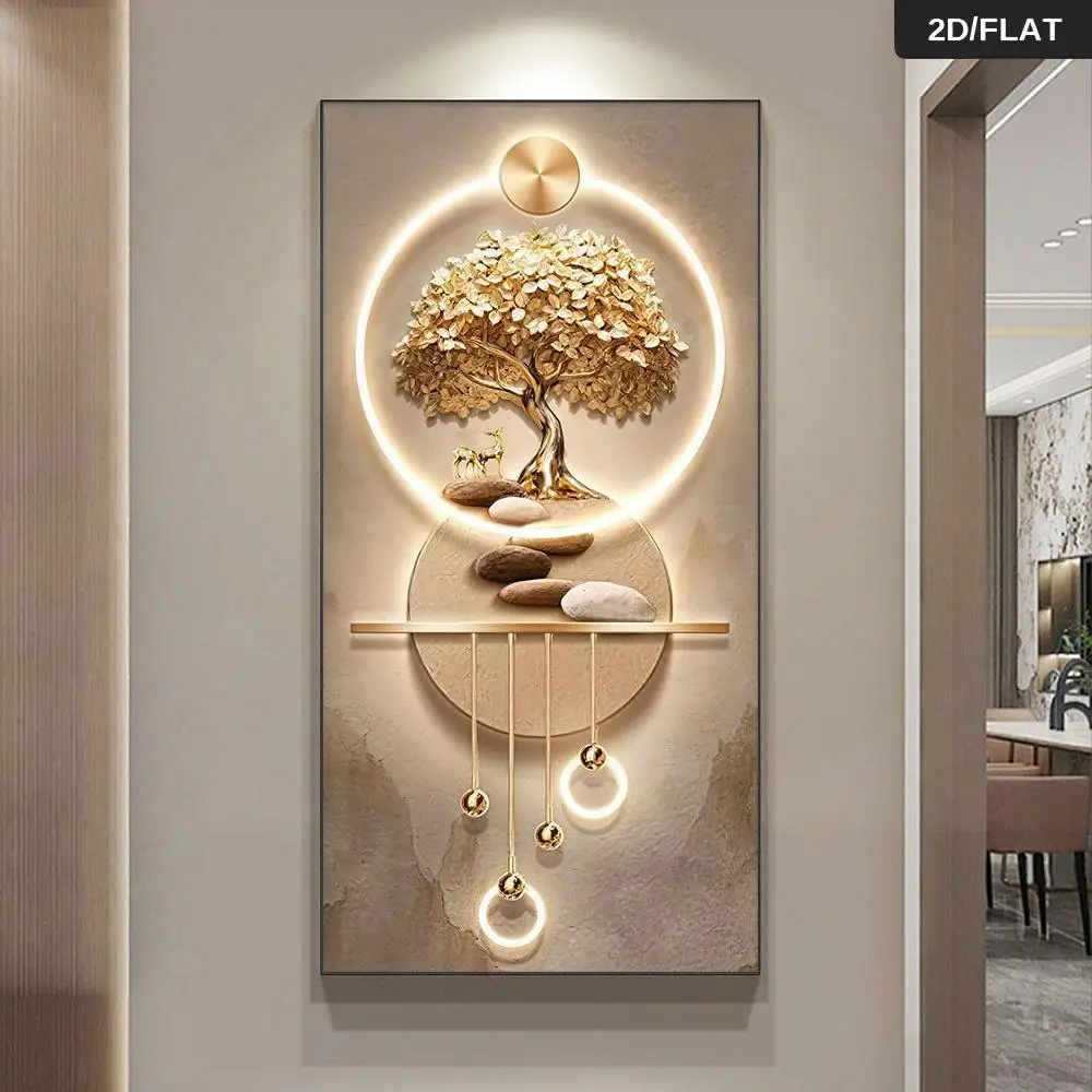 One Modern Abstract Tree of Life Wall Decoration - Elegant Golden Trees, a Tranquil 2D Flat-Print Frameless Painting for Living