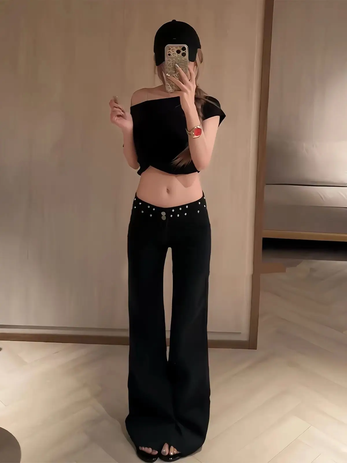 American Retro Rivet Distressed Washed Black Wide Leg Jeans Women Y2K Streetwear Floor Length Loose Casual Denim Pants Autumn