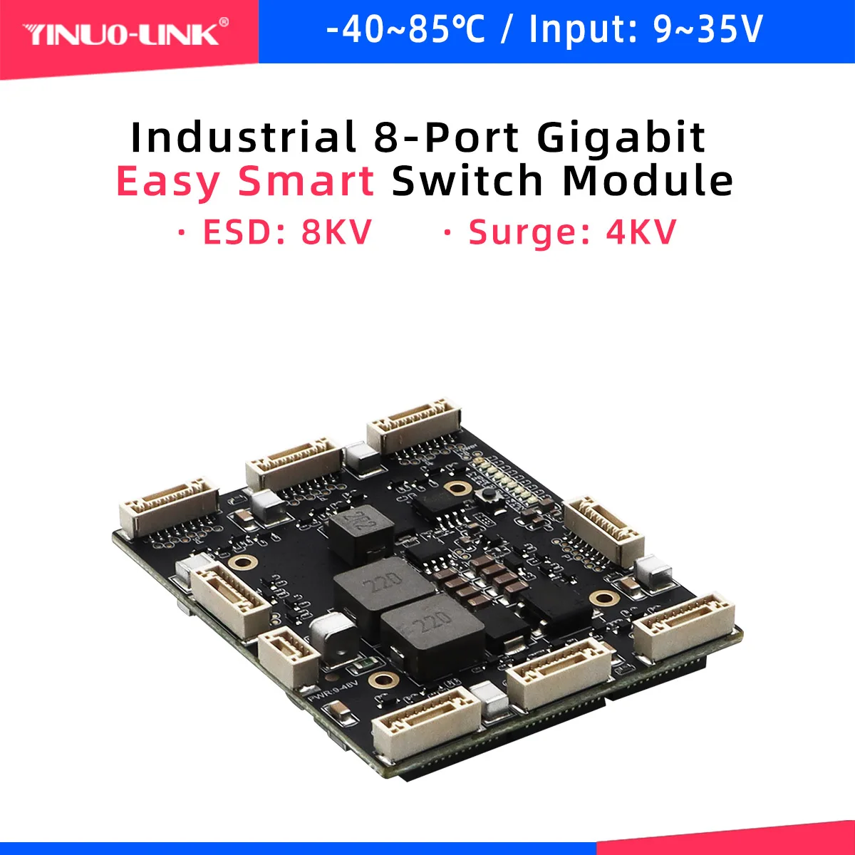YINUO-LINK_YN-IES20801_Managed 8-Port Gigabit Industrial Switch Module, VLAN Tag Port Isolation Mirroring, 9-48V Wide Voltage