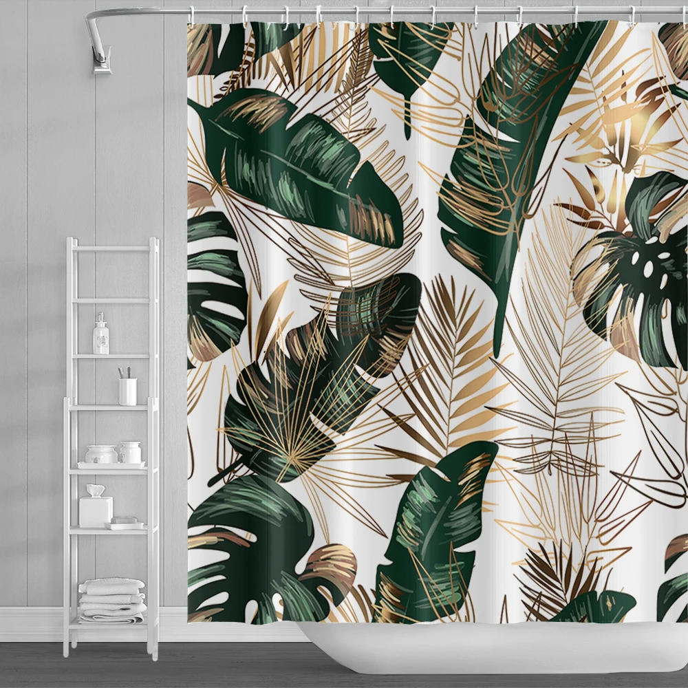 Tropical Jungle Green Leaves Flowers Shower Curtains Bathroom Decoration Waterproof Polyester Bath Curtain Home Decor With Hooks