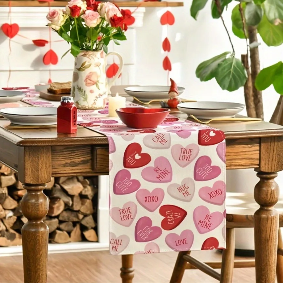 Valentine's Day Table Runner Sweet Heart Candy Text Print Pink Red Tone Romantic Style Dining Table Home Party Decor