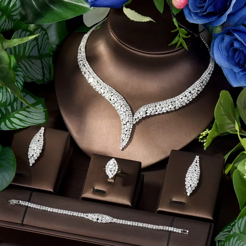 Costume Show Jewellery Geometric Set Cubic Zirconia Deluxe Large Necklace and Earrings Bridal Wedding Dating Accessories S-350