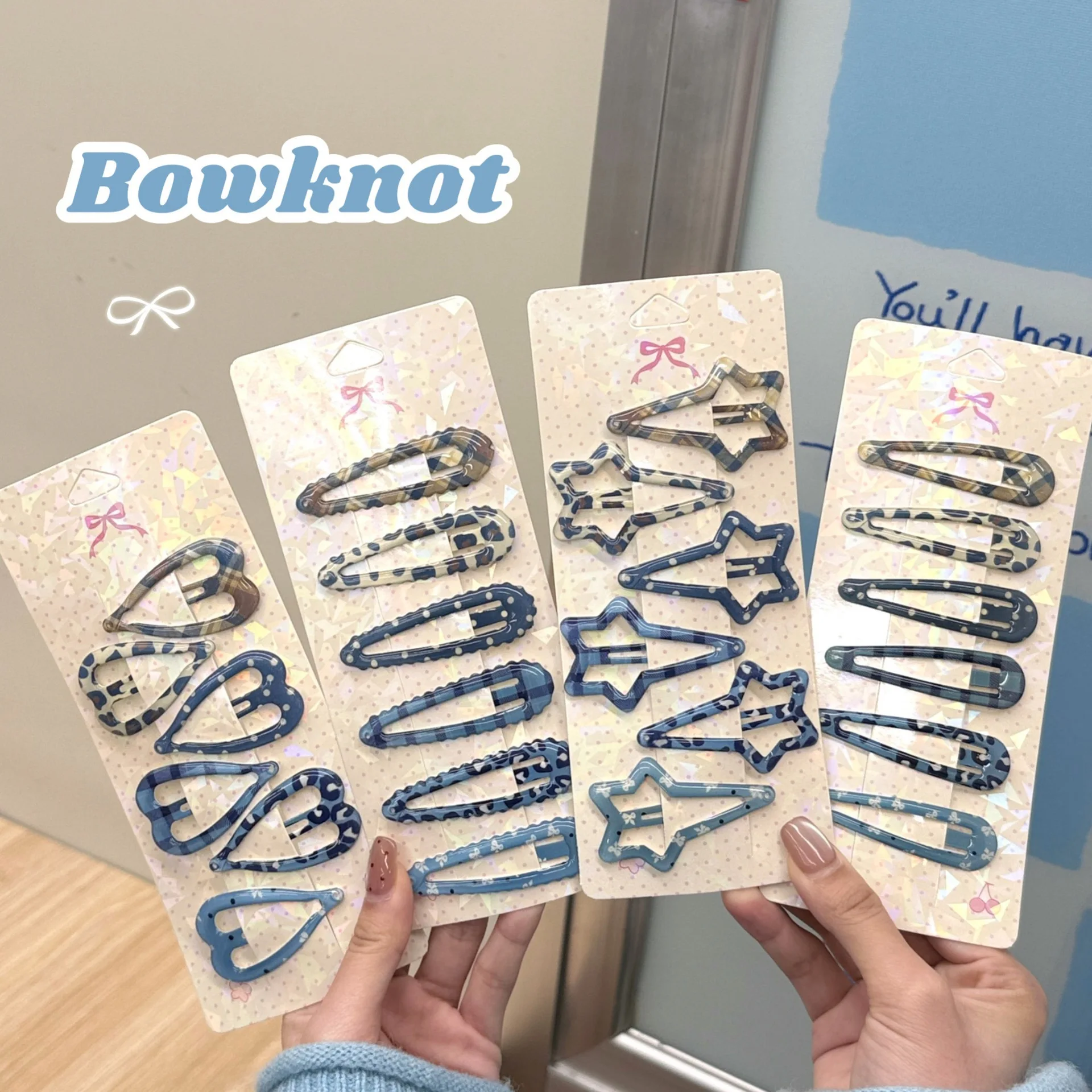 6pc Cute College Style Blue Plaid Dot BB Hairpin Hair Side Clips for Girls Women Korean Hair Accessories
