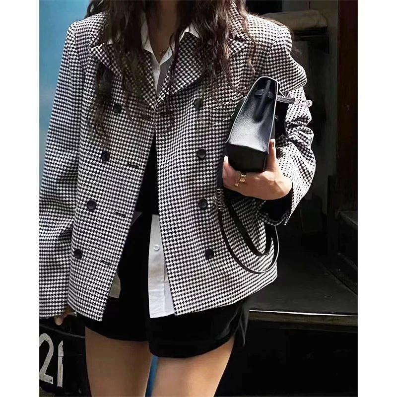 

Retro Plaid Woolen Suit Jaet Women's Autumn Winter Faion Personali Silhouette Loose ort Sle Upper Apparel