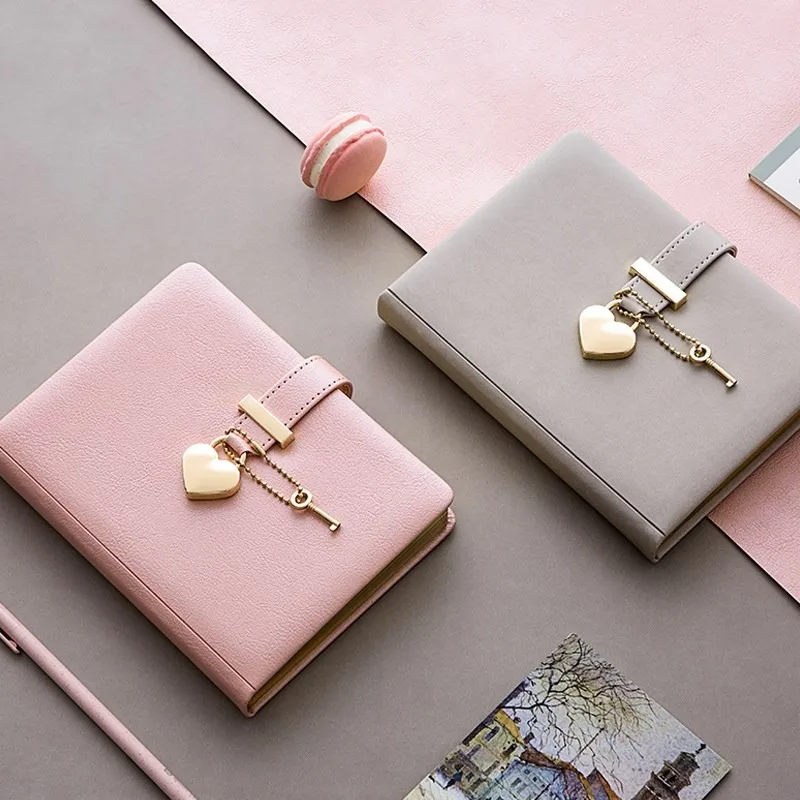 Cute Diary PU Leather Notebook with Heart Lock Key Korean Stationery School Supplies Lockable Password Writing Pads Girls Gift