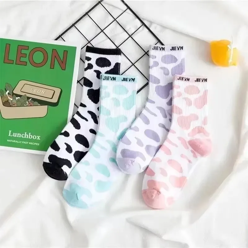 Summer Socks Cow Harajuku Japanese Cute Tide Ins Korean Men and Women Cartoon College Wind Fresh Pink Blue Purple Women's Socks