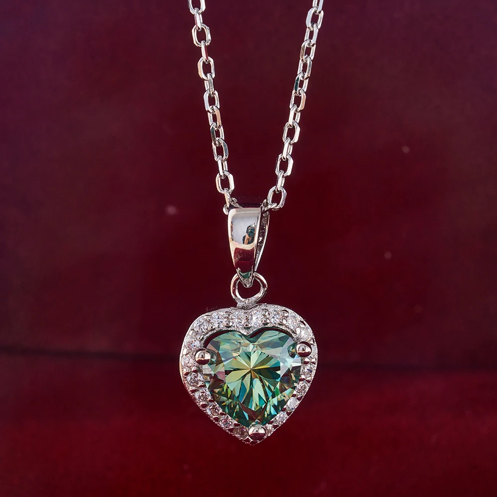 1carat  Moissanite Heart Shape Blue Green Pendant Necklace for Female S925 Sterling Silver Fine Jewelry