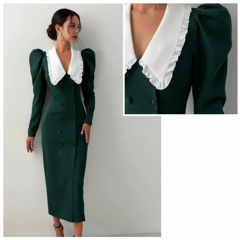 

Elegant Women's Green Bodycon Midi Dress Ruffle Lapel Long Sleeve Double Breasted Patchwork Dress For Evening Party Office Wear