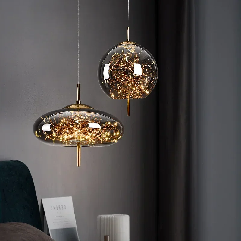 Nordic Net Red Bedside Chandelier Girl Light Glass Small  Luxury Long Line Personality Art Full Of Stars Hotel Bar