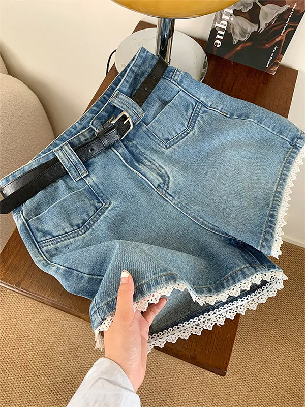 

High Waist Lace Trim Denim Shorts Women's Summer New plus Size Slimming High End Feeling Wide Leg A-Line Pants