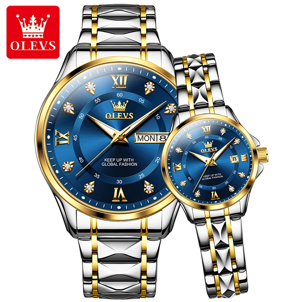 OLEVS New Quartz Watches for Couple Diamond Shaped Steel Strap Design Luxury Fashion Classic Wristwatch Women Men Lover's Gifts