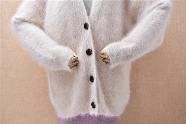 Women Mujer Autumn Winter Thick Warm Beige Hairy Angora Rabbit Hair knitted Jersey V-Neck Loose Cardigans Mink Fur Sweater Coat