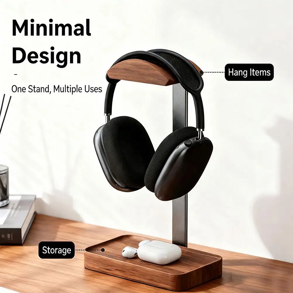 Head Mounted Headphone Stand Multi-functional Solid Wood Headphone Stand Esports game headset holder With Base Storage Tray