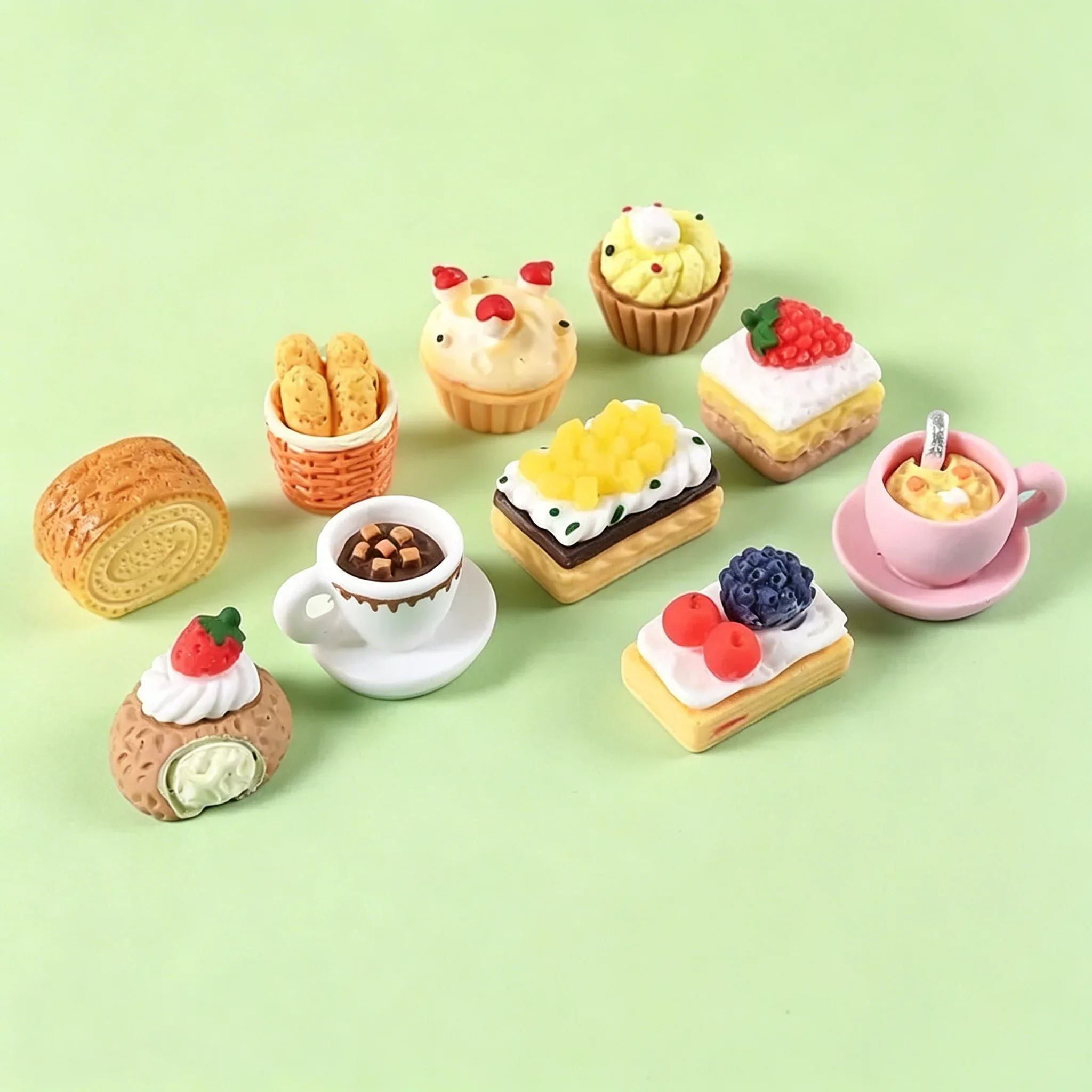 10Pcs Simulation Bread Cake Milk Tea Resin Charms, Breakfast Food Cabochons for Dollhouse Kitchen Decor & DIY Craft Supplies