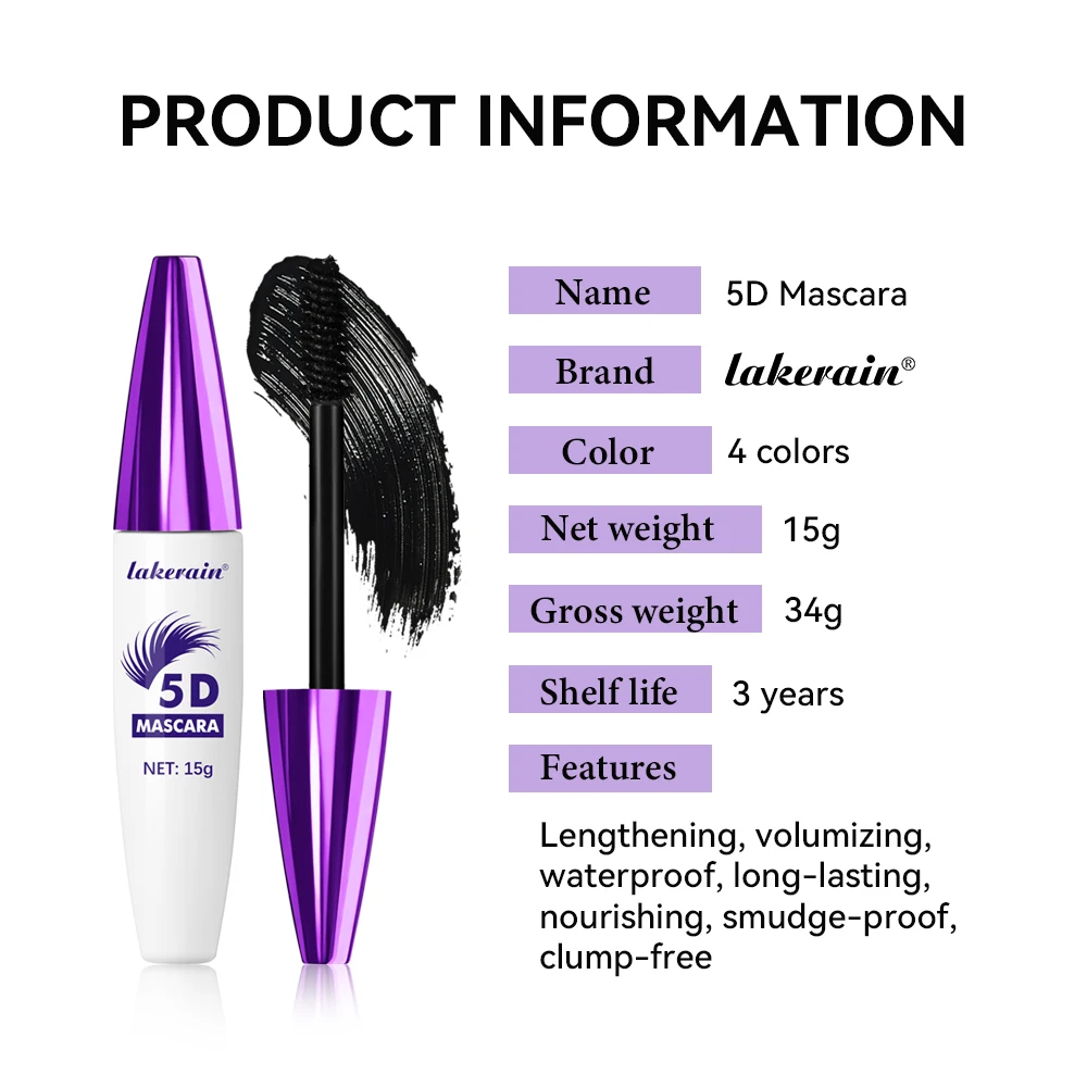 Vrouwen 5D Waterproof Mascara Zwart Volume en Length-Thrive Tubing Mascara voor wimpers, Fiber Lash Extensions Gekleurde Mascara