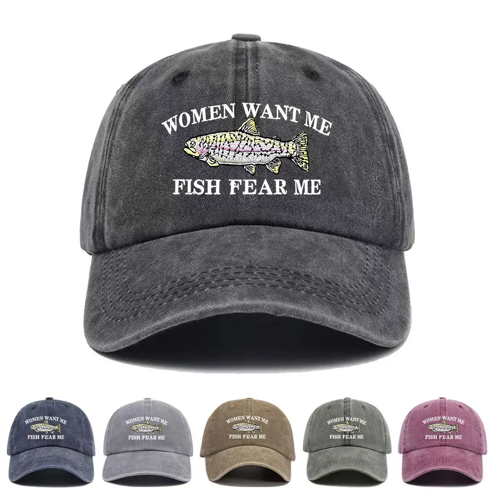 Vintage Washed Baseball Cap Women Want Me Fish Fear Me Print Graphic Unisex Streetwear Casual Trucker Style Summer Cotton Hat