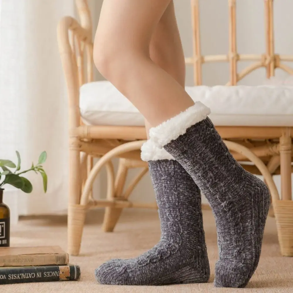 Home Slippers Thickened Thermal Cashmere Socks Velvet Solid Color Sleep Socks Woven Warm Boots Socks Indoor Activities