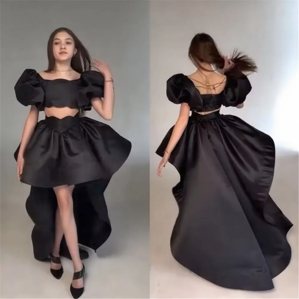 

Customized Black Flower Girl Dress For Wedding Satin 2pcs Set With Tail Puffy Princess Kids Birthday First Communion Ball Gown