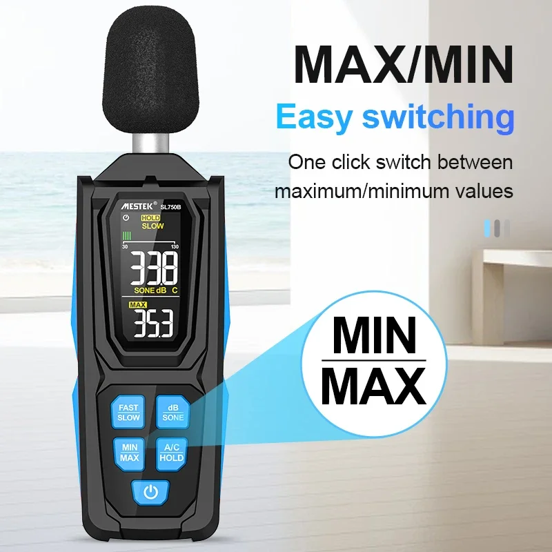 SL750B مقياس الصوت الرقمي dB وحدة واحدة ديسيبليمتر 30 ~ 130dB قياس ديسيبل مستوى الصوت الضوضاء ديسيبيليوس ديسيبل مراقب