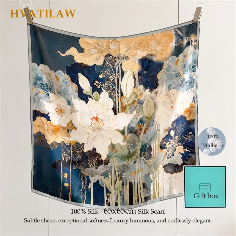 65x65cm 100% Mulberry Silk Scarf for Women Vintage Print Small Square Silk Neck Scarf Head Scarf Hair Bandana Neckerchief Shawl