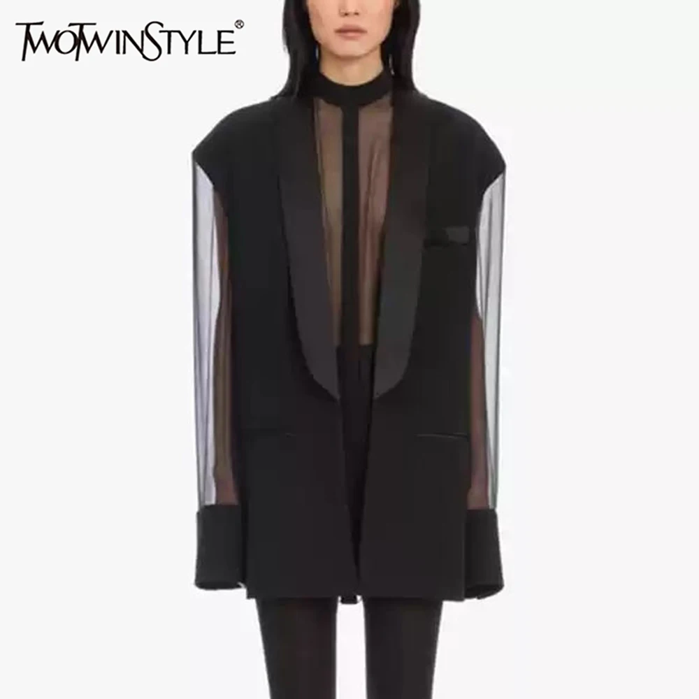 

TWOTWINSTYLE Patchwork Mesh Chic Blazers For Women Round Neck Long Sleeve Splic Zipper Loose Sexy Coat Female Fashion Clothes