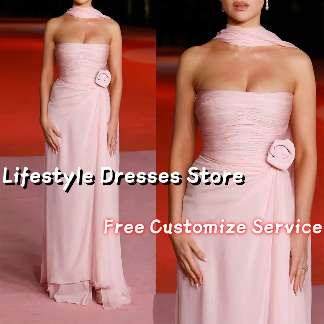 

2024 Strapless Elegant Evening Dresses Side Slit Pink Chiffon Flower Prom Dresses With Cape vestidos para eventos especiales