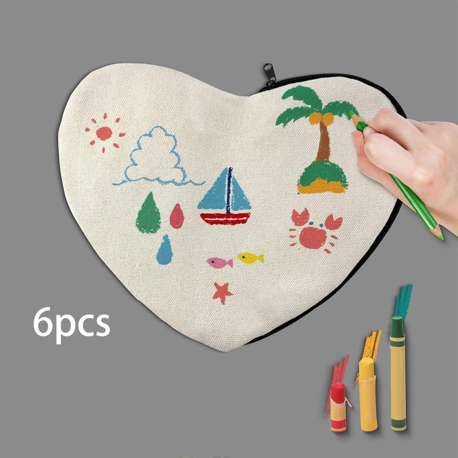 6 Pieces Heart-shaped Blank Makeup Bag DIY Graffiti Pencil Bag Zipper Handmade Canvas Bag Stationery Toiletry Storage Bag