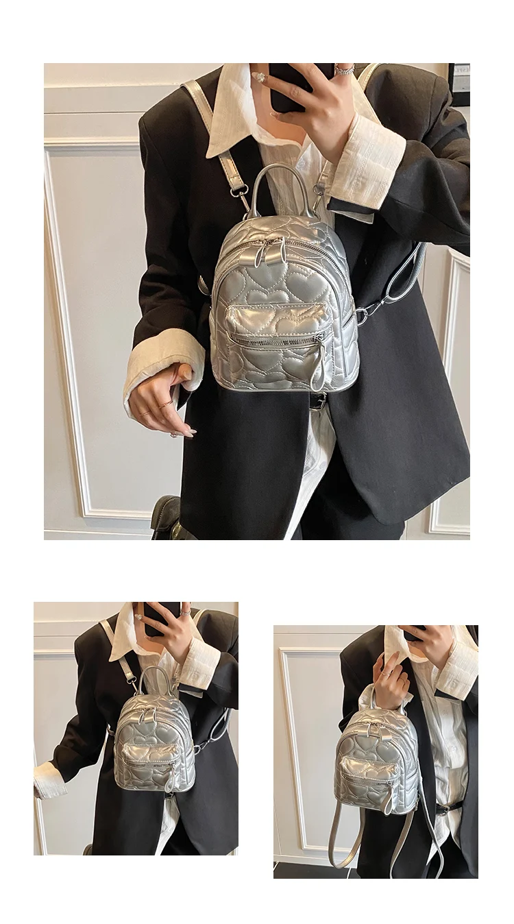 Neuer, modischer silberner Rucksack für Damen, vielseitig einsetzbar, mit Herzmuster, ideal als Schultasche für Schülerinnen, trendiger Reise- und Einkaufsrucksack für Mädchen. – Detail 10