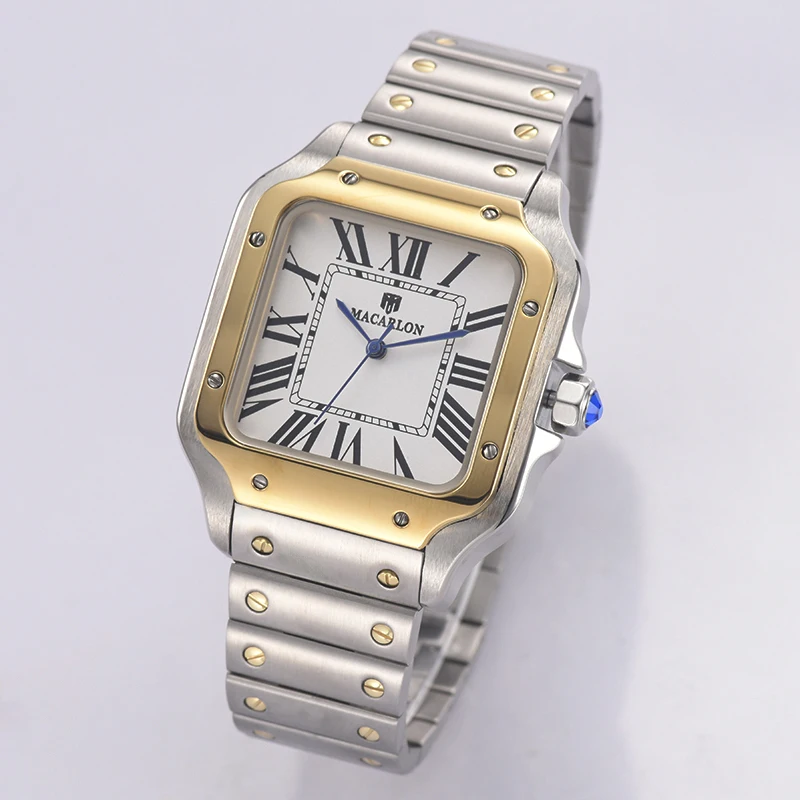 38mm Mens NH35 Square Watch Case Half Gold Stainless Steel Square Dial Mod Fitted China NH35 Mechanical Movement Automatic Watch