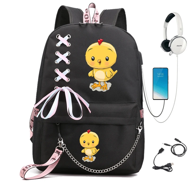 Borse da scuola per studenti zaino per bambini Anime Cartoon Cute Chicken adolescente zaino ragazzo ragazze zainetto ricarica Usb Bagpack