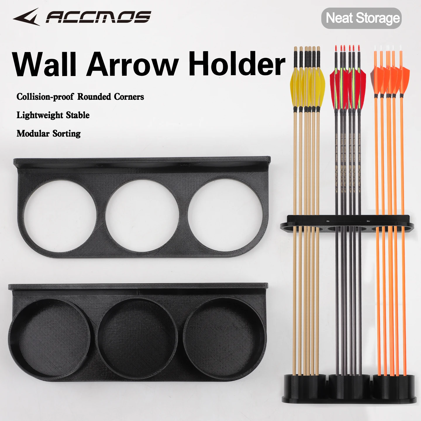 ACCMOS Wall Mount Arrow Holder,3‑Slot Vertical Arrow Storage Rack Archery Shaft Organizer for Compound Recurve Bow
