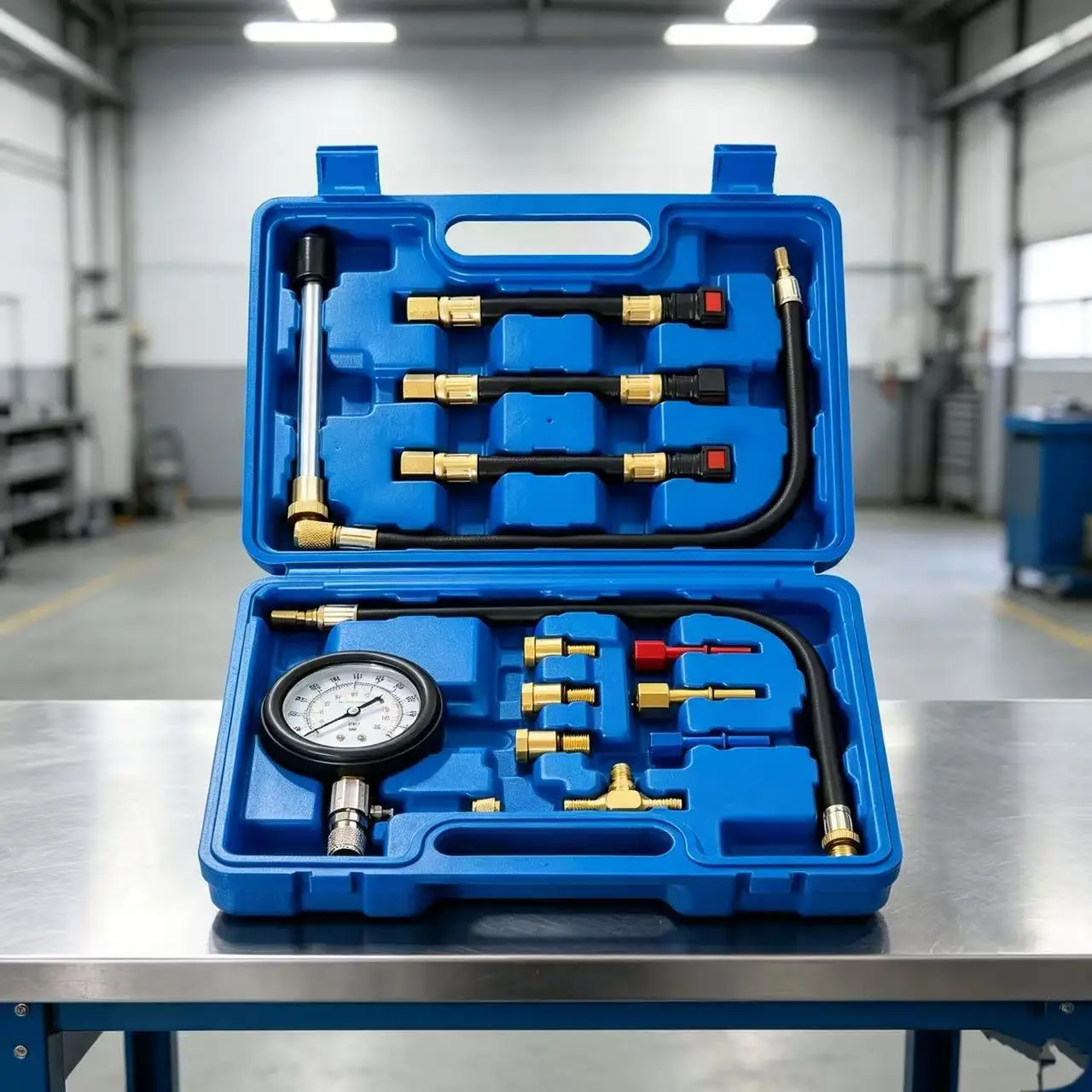 Fuel Pressure Gauge Tester Kit Automotive Engine Compression Test Tool with Brass Fittings Hoses Carry Case