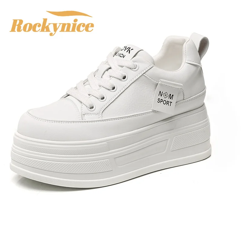 

High Platform Sneakers for Women New 2026 Spring Casual Sports Shoes White Shoes 8CM Wedge Heels Genuine Leather Walking Shoes