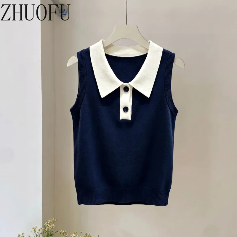 High Temperament Thin Lapel Knitted Women's Vest 2026 Summer New Sweet Navy Blue Age-reducing Short Sleeveless Top Vests Ladies