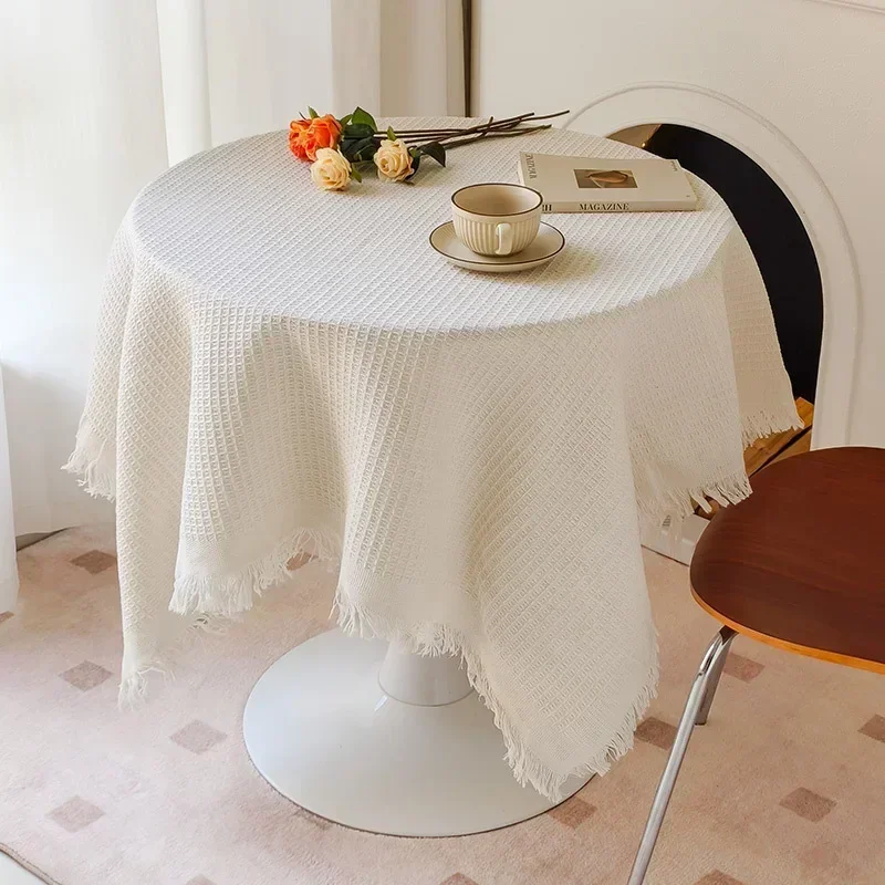 

Wind Cotton Linen Japanese-style pastoral white bedside retro tassels round table tablecloth gray22