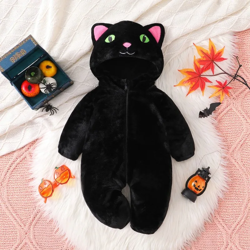 Newborn Baby Black Pink Cat Romper Hooded Bodysuit Jumpsuit Onesie Toddler Cute Warm Plush Fleece Winter Zip Up Playsuit