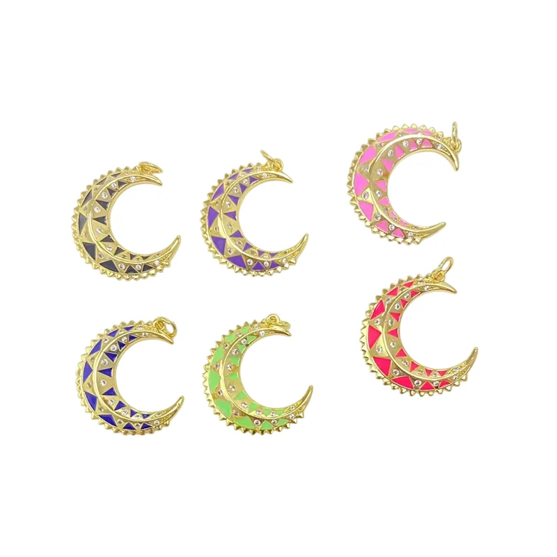 

2 Pcs Enamel Micro Inlay Zircon Moon Pendant DIY Necklace Earrings Jewelry Making Copper Gold Plated Charm Accessories for Women