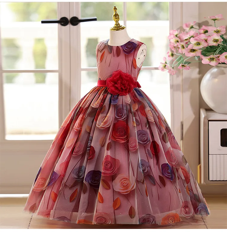 Teen Girl Princess Dress Rose Print Red Evening Dress Gown Elegan Piano Perform Sleeveless Dress Girls Party Dresses Carnival
